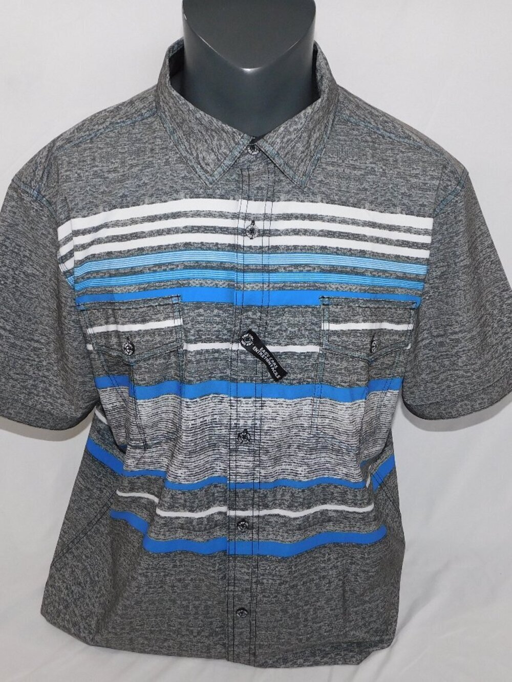 DRIPDRY Gray Blue Striped Ultra Quick Drying Button Front SS Shirt Mens XXL